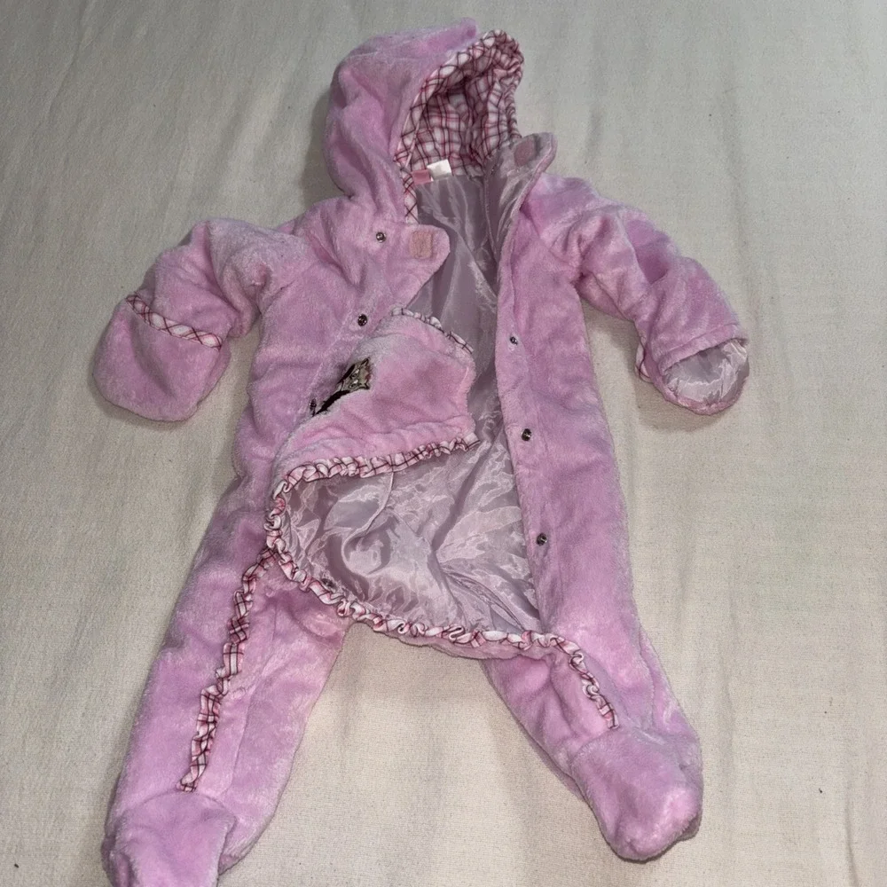 Little By Little Pink Fleece One-piece Snowsuit Hooded Owl Motif Baby Girl 3-6Mo